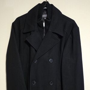 Kenneth Cole Men's Black Double Breasted Wool-Blend Pea Coat Jacket